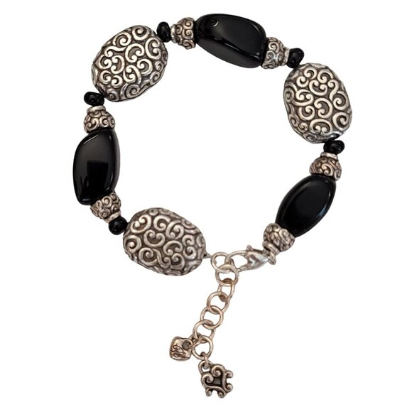 Brighton Silver Tone Textured Black Glass Bracelet 8.25” Long K332 - Picture 4 of 7